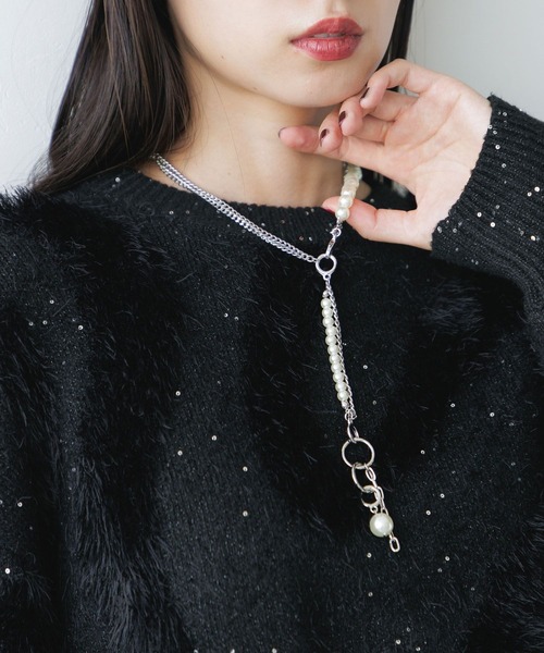 HARE(ハレ)の「ボールミックスラリエットネックレス(HARE)(ネックレス・レディース・シルバー/ホワイト/ブラック・FREE)」の1枚目の写真