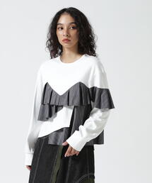 AULA（アウラ）の「AULA/アウラ/別注ストライプフリル切替トップス（Tシャツ/カットソー）」