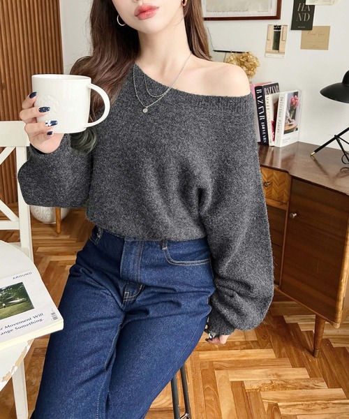 セール】ショート丈ワンショルダーミックスニットプルオーバー