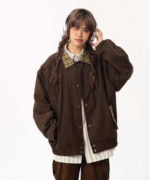 FreeZone（フリーゾーン）の「レトロ格子縞の切替ジャケット（ブルゾン・メンズ・ブラウン・F）」の13枚目の写真