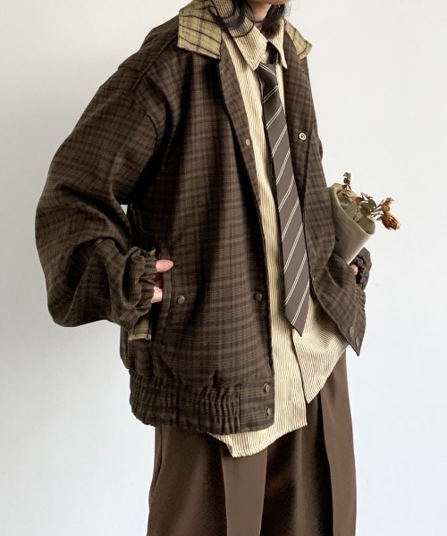 FreeZone（フリーゾーン）の「レトロ格子縞の切替ジャケット（ブルゾン・メンズ・ブラウン・F）」の11枚目の写真