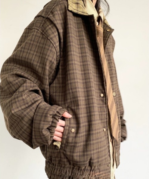 FreeZone（フリーゾーン）の「レトロ格子縞の切替ジャケット（ブルゾン・メンズ・ブラウン・F）」の4枚目の写真