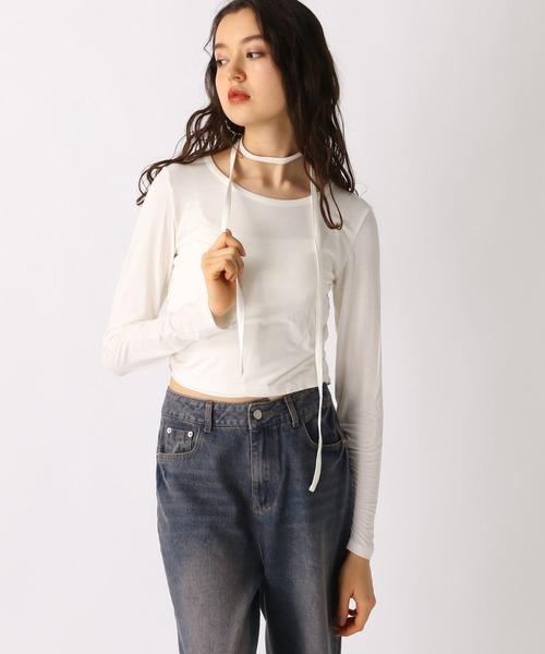 FOREVER 21(フォーエバー トゥエンティーワン)の「【2025SS】ボウタイシャーリングカットソー(Tシャツ/カットソー・レディース・ベージュ/ブラック/ナチュラル/ブルー・SMALL/MEDIUM)」の1枚目の写真