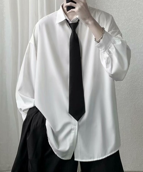 TopIsm(トップイズム)の「【2025】ネクタイ付き 無地オーバーサイズ長袖シャツ(シャツ/ブラウス・メンズ・ホワイト/ブラック・M/L)」の2枚目の写真
