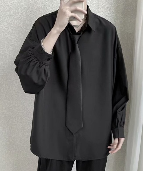 TopIsm(トップイズム)の「【2025】ネクタイ付き 無地オーバーサイズ長袖シャツ(シャツ/ブラウス・メンズ・ホワイト/ブラック・M/L)」の1枚目の写真
