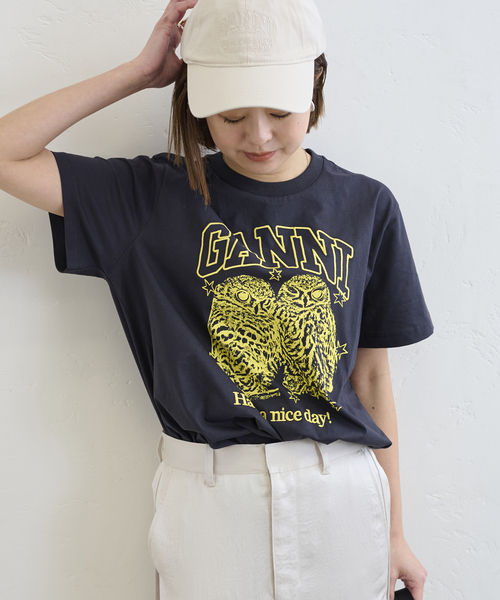 GANNI(ガニー)の「GANNI/ ガニー Basic Jersey Owls Relaxed T-shirt(Tシャツ/カットソー・レディース・ブラック系その他・FREE)」の1枚目の写真