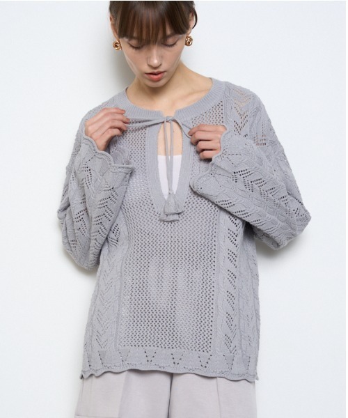 Muel Chic（ミュエルシック）の「Mill mesh knit ミルメッシュニット（カーディガン/ボレロ・レディース・オレンジ/ブラック/グレー系その他/オフホワイト・FREE）」の4枚目の写真