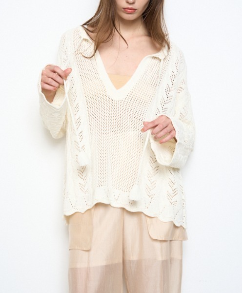 Muel Chic（ミュエルシック）の「Mill mesh knit ミルメッシュニット（カーディガン/ボレロ・レディース・オレンジ/ブラック/グレー系その他/オフホワイト・FREE）」の2枚目の写真