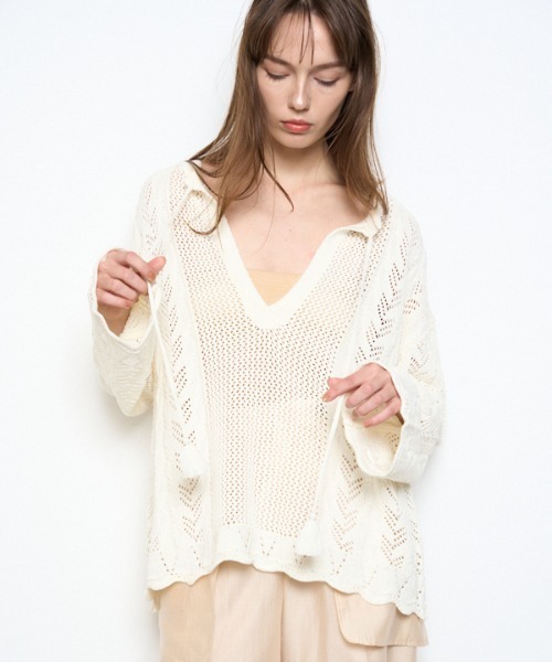 Muel Chic（ミュエルシック）の「Mill mesh knit ミルメッシュニット（カーディガン/ボレロ・レディース・オレンジ/ブラック/グレー系その他/オフホワイト・FREE）」の5枚目の写真