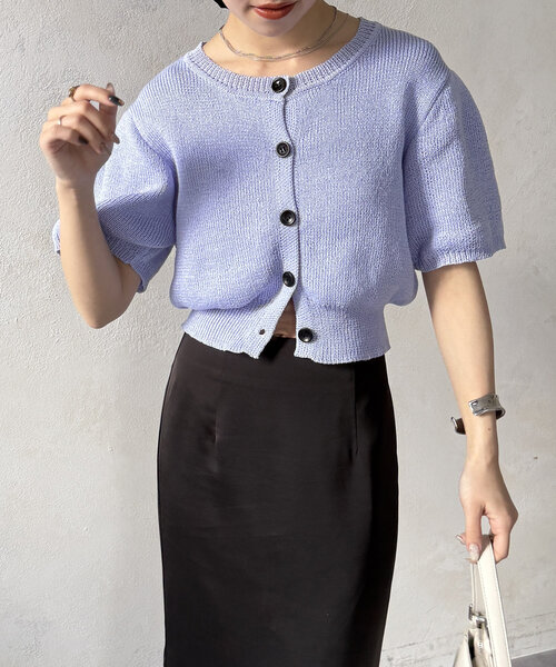 Thevon（ゼボン）の「ショート丈パフニットカーディガン（カーディガン/ボレロ・レディース・サーモンピンク/グレー/ブルー・FREE）」の3枚目の写真