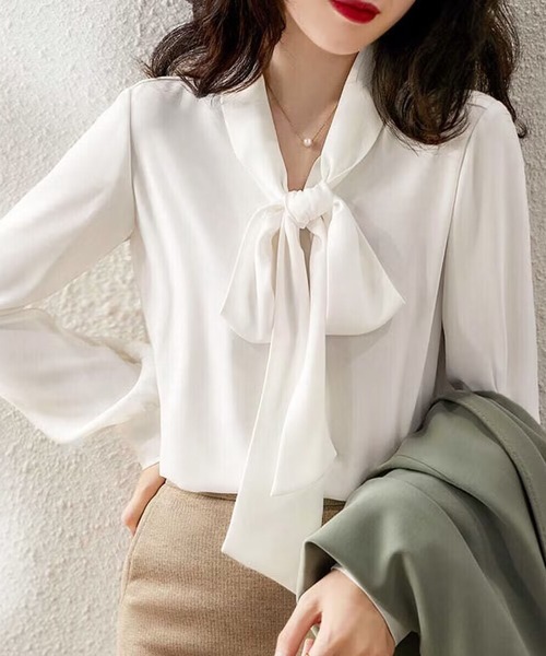 BLANC FICELLE(ブランフィセル)の「リボンシャツ(シャツ/ブラウス・レディース・ホワイト/ブラック・S/M/L/XL)」の2枚目の写真