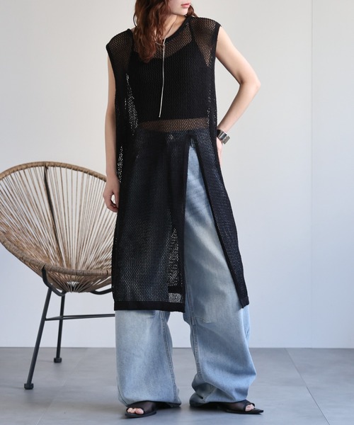 セール】メッシュニットスリットノースリワンピース / メッシュ