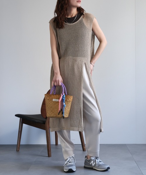 国内発送★Sabo Skirtリブメッシュニットバンドゥーワンピース セール】メッシュニットスリットノースリワンピース / メッシュ