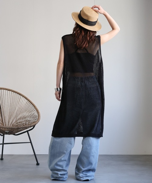 国内発送★Sabo Skirtリブメッシュニットバンドゥーワンピース セール】メッシュニットスリットノースリワンピース / メッシュ
