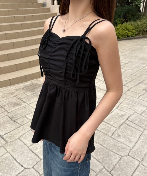 junoah（ジュノア）の「フロントリボンギャザーデザインキャミ（キャミソール・レディース・ダークグレー/ブラック/クリーム・SMALL/MEDIUM/LARGE）」の8枚目の写真