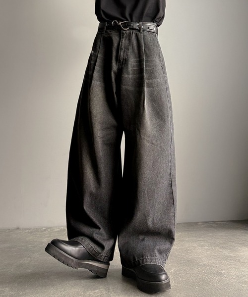 セール】ボタン付きストラップデザインワイドデニム/Buttoned Strap