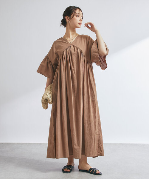 UNFILO ヴィンテージシアー ギャザー ワンピース ネイビー S 新品 撥水/接触冷感/洗える】ヴィンテージシアー ギャザーワンピース