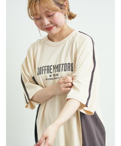 SM2（エスエムツー）の「配色ラインロゴプリントオーバーTシャツ（Tシャツ/カットソー・レディース・グレー/クリーム/ベージュ/ネイビー・F）」の6枚目の写真