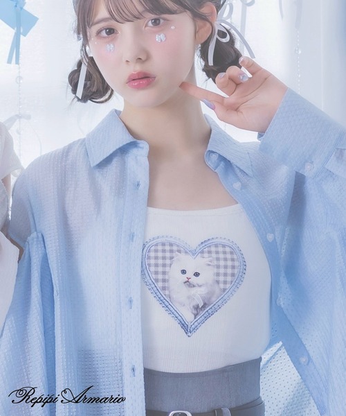 repipi armario（レピピ アルマリオ）の「【girly line】ニャンニャンハートキャミ（キャミソール・キッズ・ブラック/ホワイト/サックスブルー・SMALL/MEDIUM/LARGE）」の2枚目の写真