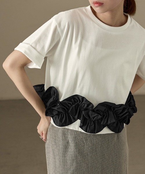 Fashion Letter（ファッションレター）の「タフタフリルヘム ワイドTシャツ（Tシャツ/カットソー・レディース・ホワイト系その他/ライトブルー/ホワイト×ブラック/ブラック系その他/チャコールグレー・M）」の7枚目の写真