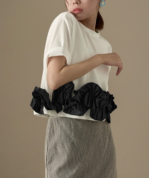 Fashion Letter（ファッションレター）の「タフタフリルヘム ワイドTシャツ（Tシャツ/カットソー・レディース・ホワイト系その他/ライトブルー/ホワイト×ブラック/ブラック系その他/チャコールグレー・M）」の8枚目の写真