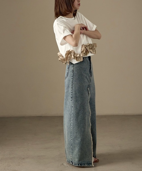Fashion Letter（ファッションレター）の「タフタフリルヘム ワイドTシャツ（Tシャツ/カットソー・レディース・ホワイト系その他/ライトブルー/ホワイト×ブラック/ブラック系その他/チャコールグレー・M）」の15枚目の写真