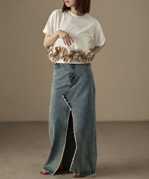Fashion Letter（ファッションレター）の「タフタフリルヘム ワイドTシャツ（Tシャツ/カットソー・レディース・ホワイト系その他/ライトブルー/ホワイト×ブラック/ブラック系その他/チャコールグレー・M）」の16枚目の写真
