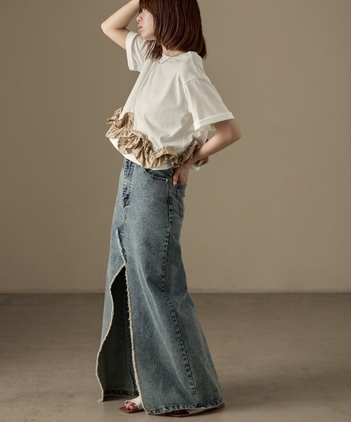 Fashion Letter（ファッションレター）の「タフタフリルヘム ワイドTシャツ（Tシャツ/カットソー・レディース・ホワイト系その他/ライトブルー/ホワイト×ブラック/ブラック系その他/チャコールグレー・M）」の18枚目の写真