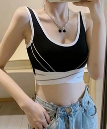 shoppinggo（ショッピングゴー）の「夏服タンクトップ 胸パット付 へそ出し 重ね着風 切替 バイカラー（タンクトップ）」
