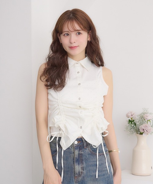 Ambre Neige(アンブルネージュ)の「front gathers sleeveless shirt /フロントギャザーノースリーブシャツ(シャツ/ブラウス・レディース・オフホワイト/ブラック/ネイビー・FREE)」の6枚目の写真