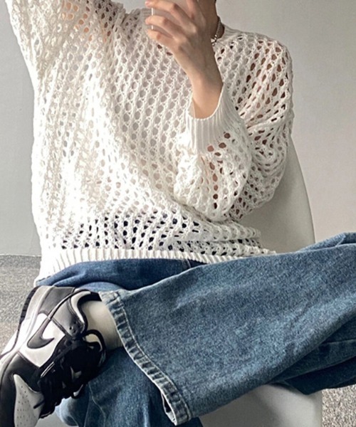 cammie(キャミー)の「メッシュ編みルーズニット(ニット/セーター・レディース・グレー/ブラック/カーキ/ホワイト・FREE)」の8枚目の写真
