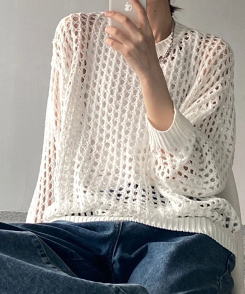 cammie(キャミー)の「メッシュ編みルーズニット(ニット/セーター・レディース・グレー/ブラック/カーキ/ホワイト・FREE)」の10枚目の写真