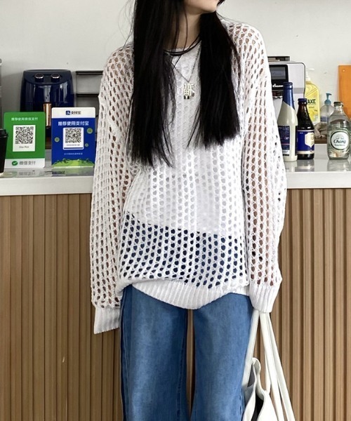 cammie(キャミー)の「メッシュ編みルーズニット(ニット/セーター・レディース・グレー/ブラック/カーキ/ホワイト・FREE)」の6枚目の写真