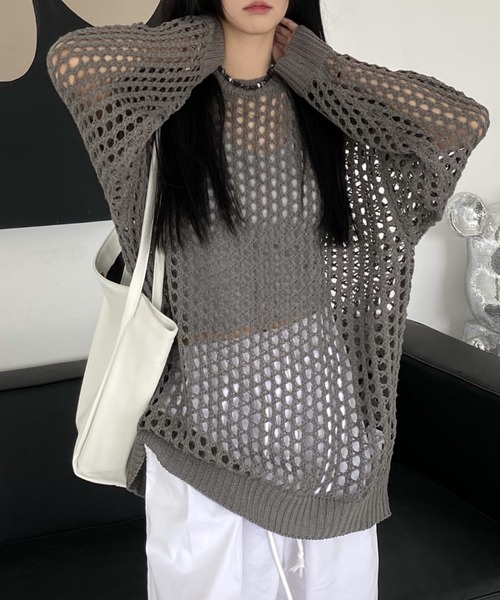 cammie(キャミー)の「メッシュ編みルーズニット(ニット/セーター・レディース・グレー/ブラック/カーキ/ホワイト・FREE)」の13枚目の写真