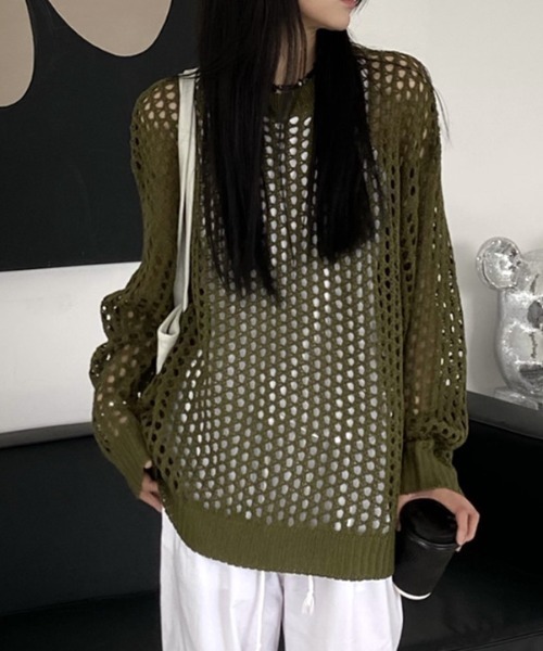cammie(キャミー)の「メッシュ編みルーズニット(ニット/セーター・レディース・グレー/ブラック/カーキ/ホワイト・FREE)」の14枚目の写真