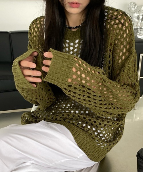 cammie(キャミー)の「メッシュ編みルーズニット(ニット/セーター・レディース・グレー/ブラック/カーキ/ホワイト・FREE)」の15枚目の写真