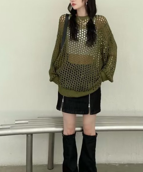 cammie(キャミー)の「メッシュ編みルーズニット(ニット/セーター・レディース・グレー/ブラック/カーキ/ホワイト・FREE)」の17枚目の写真