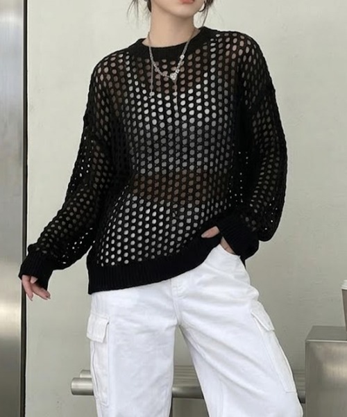 cammie(キャミー)の「メッシュ編みルーズニット(ニット/セーター・レディース・グレー/ブラック/カーキ/ホワイト・FREE)」の22枚目の写真