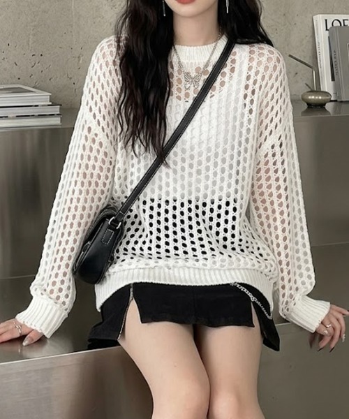 cammie(キャミー)の「メッシュ編みルーズニット(ニット/セーター・レディース・グレー/ブラック/カーキ/ホワイト・FREE)」の19枚目の写真