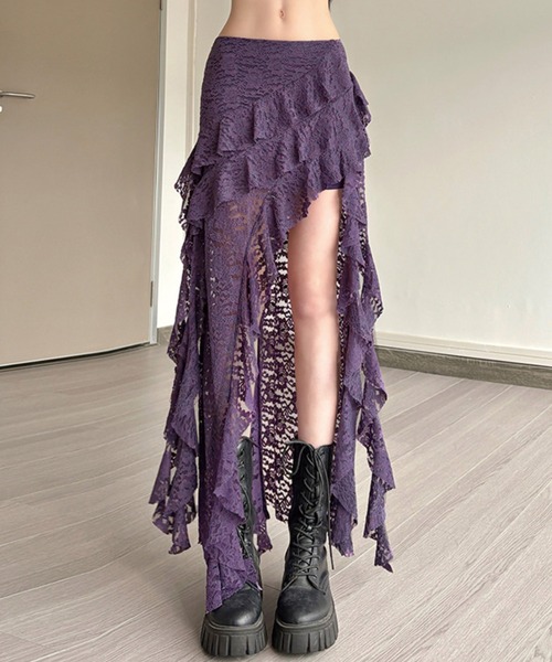 セール】レースレイヤードアシンメトリーロングスカート