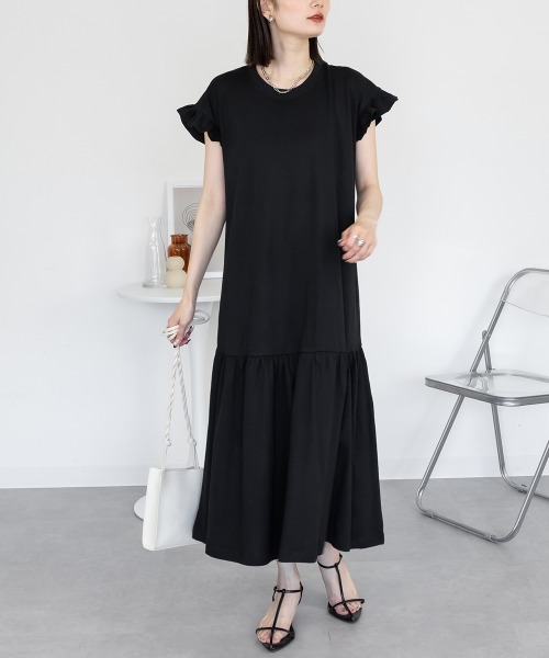 aity(アイティ)の「フレンチスリーブワンピース マキシ丈 ロング 綿100% 大きいサイズ 夏服(ワンピース・レディース・チャコール/ブラック/グレイッシュベージュ・M~L/LL~3L/4L~5L)」の1枚目の写真