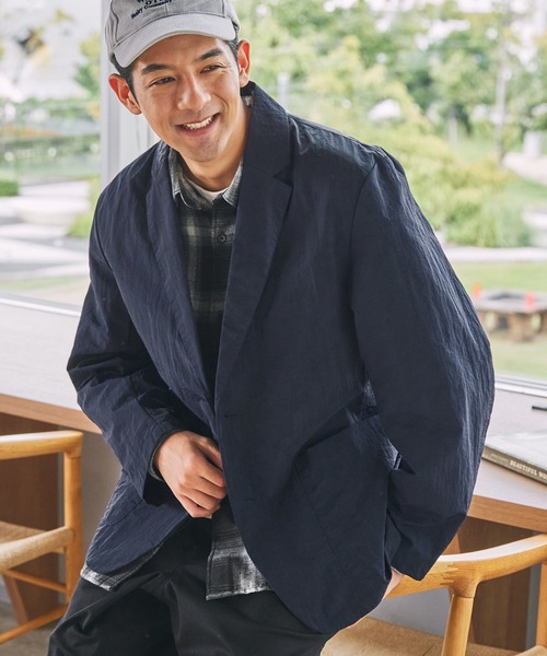 定価5.2万【MOGA モガ】ジャガード　ノーカラー　ジャケット　ブルゾン　紺 セール】 トリアセハイテンションショールカラージャケット