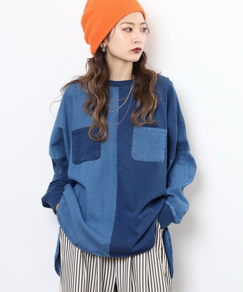 myke(ミーカ)の「myke インディゴ裏毛パッチワークポケットプルオーバー(スウェット・レディース・ネイビー/ブルー/ストライプ・M)」の2枚目の写真