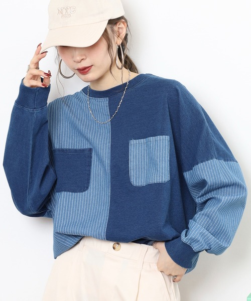 myke(ミーカ)の「myke インディゴ裏毛パッチワークポケットプルオーバー(スウェット・レディース・ネイビー/ブルー/ストライプ・M)」の3枚目の写真