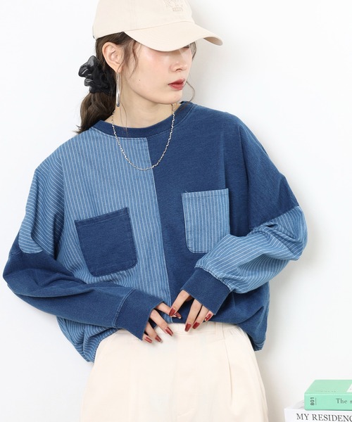 myke(ミーカ)の「myke インディゴ裏毛パッチワークポケットプルオーバー(スウェット・レディース・ネイビー/ブルー/ストライプ・M)」の16枚目の写真