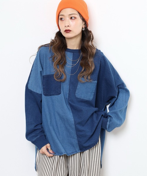 myke(ミーカ)の「myke インディゴ裏毛パッチワークポケットプルオーバー(スウェット・レディース・ネイビー/ブルー/ストライプ・M)」の4枚目の写真