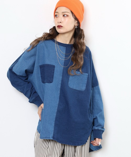 myke(ミーカ)の「myke インディゴ裏毛パッチワークポケットプルオーバー(スウェット・レディース・ネイビー/ブルー/ストライプ・M)」の5枚目の写真
