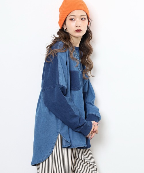 myke(ミーカ)の「myke インディゴ裏毛パッチワークポケットプルオーバー(スウェット・レディース・ネイビー/ブルー/ストライプ・M)」の6枚目の写真