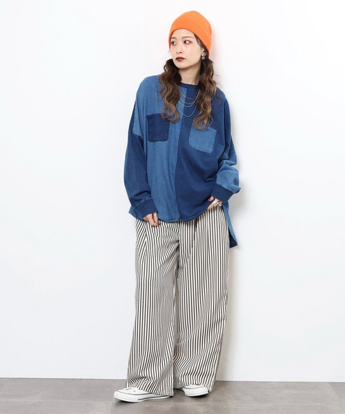 myke(ミーカ)の「myke インディゴ裏毛パッチワークポケットプルオーバー(スウェット・レディース・ネイビー/ブルー/ストライプ・M)」の8枚目の写真