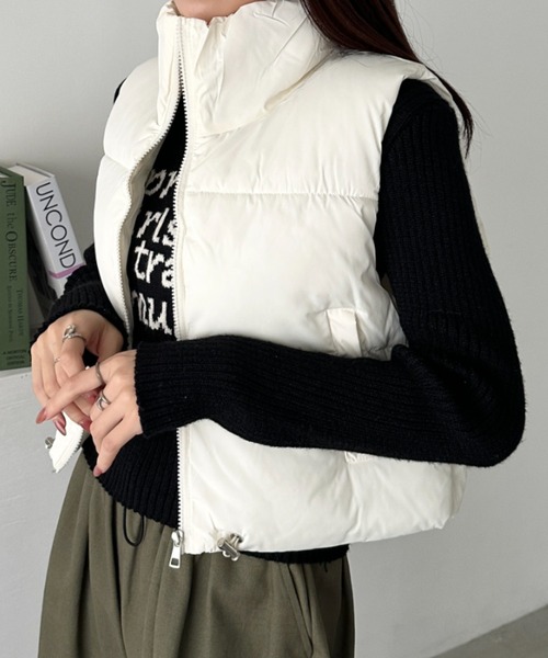 CLEA（クレア）の「スタンドカラーコンパクトショート丈中綿ベスト（ダウンベスト・レディース・ベージュ/ブラウン/ブラック/アイボリー・FREE）」の6枚目の写真